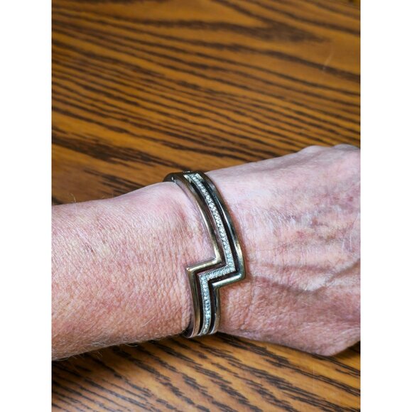 Vintage Zigzag Hinged Cuff Bracelet With Rhinestone Accents Adjustable Fit - Picture 5 of 6